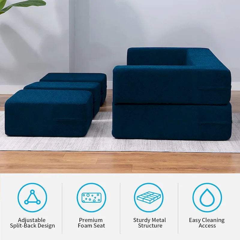 Canapé-Lit Futon Convertible Queen Velours avec 3 Poufs, Mousse à Mémoire de Forme, Canapé de Sol Pliable