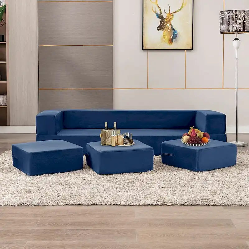 Canapé-Lit Futon Convertible Queen Velours avec 3 Poufs, Mousse à Mémoire de Forme, Canapé de Sol Pliable