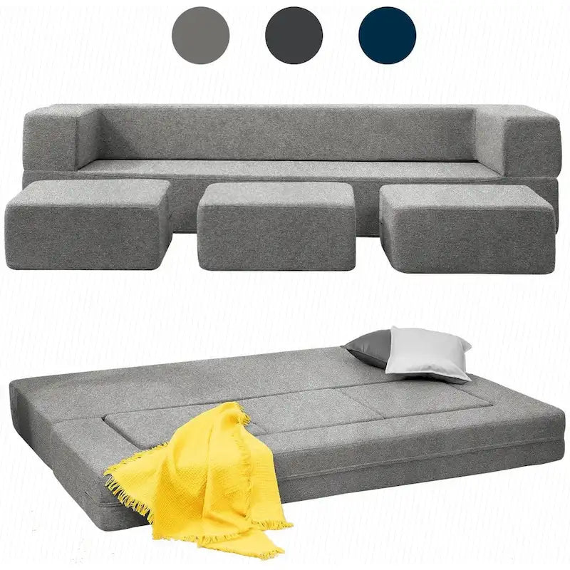 Canapé-Lit Futon Convertible Queen Velours avec 3 Poufs, Mousse à Mémoire de Forme, Canapé de Sol Pliable