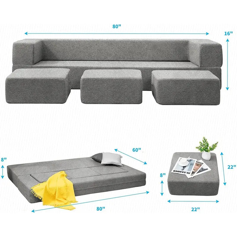 Canapé-Lit Futon Convertible Queen Velours avec 3 Poufs, Mousse à Mémoire de Forme, Canapé de Sol Pliable