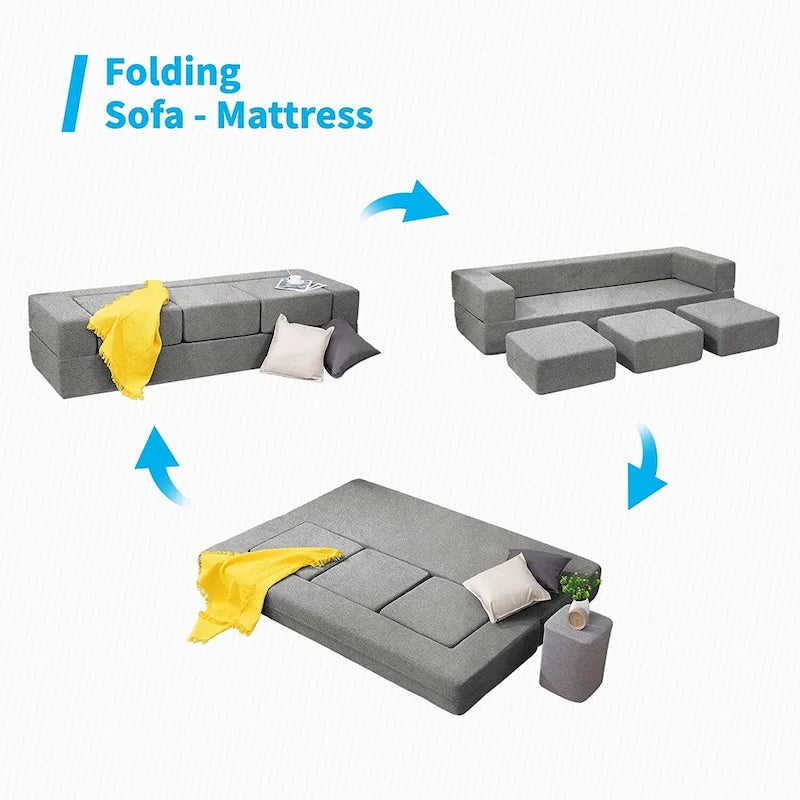 Canapé-Lit Futon Convertible Queen Velours avec 3 Poufs, Mousse à Mémoire de Forme, Canapé de Sol Pliable
