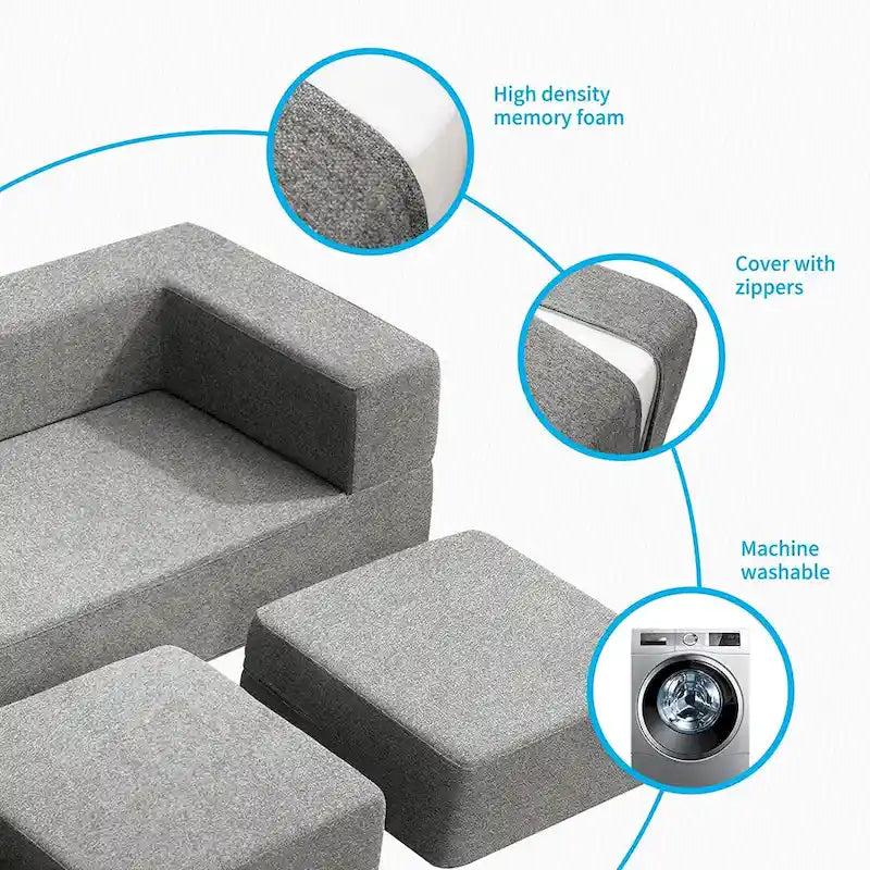 Canapé-Lit Futon Convertible Queen Velours avec 3 Poufs, Mousse à Mémoire de Forme, Canapé de Sol Pliable