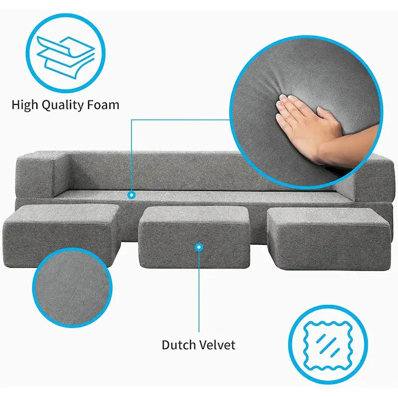 Canapé-Lit Futon Convertible Queen Velours avec 3 Poufs, Mousse à Mémoire de Forme, Canapé de Sol Pliable