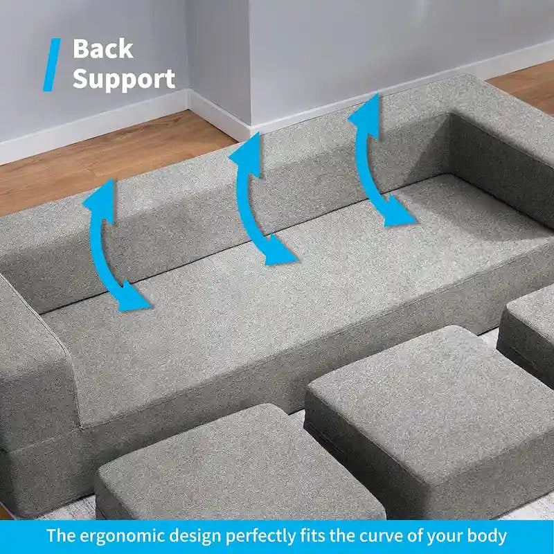 Canapé-Lit Futon Convertible Queen Velours avec 3 Poufs, Mousse à Mémoire de Forme, Canapé de Sol Pliable