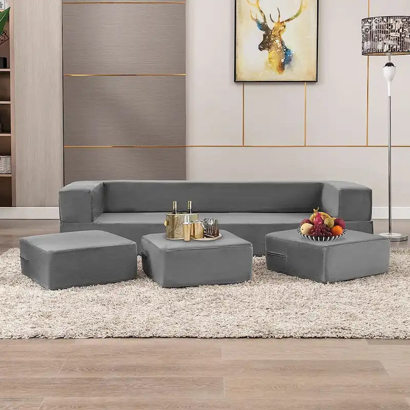 Canapé-Lit Futon Convertible Queen Velours avec 3 Poufs, Mousse à Mémoire de Forme, Canapé de Sol Pliable
