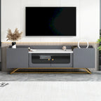 Meuble TV avec verre cannelé, meuble de divertissement pour téléviseurs jusqu'à 70 pouces, console TV avec plateau en faux marbre et piètement doré