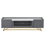 Meuble TV avec verre cannelé, meuble de divertissement pour téléviseurs jusqu'à 70 pouces, console TV avec plateau en faux marbre et piètement doré