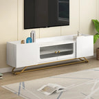Meuble TV avec verre cannelé, meuble de divertissement pour téléviseurs jusqu'à 70 pouces, console TV avec plateau en faux marbre et piètement doré