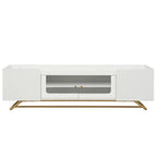 Meuble TV avec verre cannelé, meuble de divertissement pour téléviseurs jusqu'à 70 pouces, console TV avec plateau en faux marbre et piètement doré