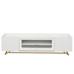 Meuble TV avec verre cannelé, meuble de divertissement pour téléviseurs jusqu'à 70 pouces, console TV avec plateau en faux marbre et piètement doré