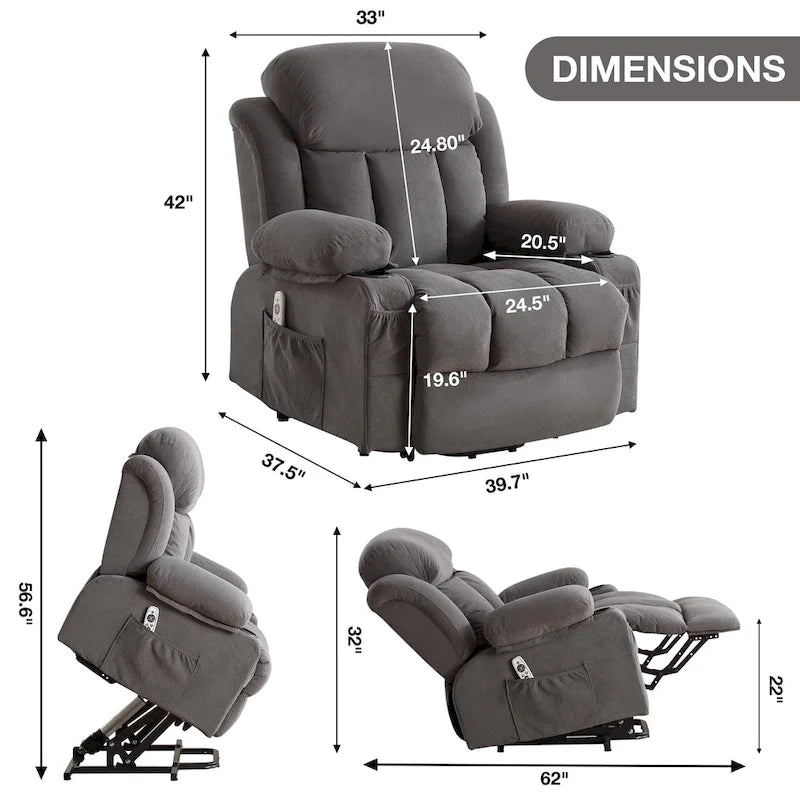 Fauteuils releveurs inclinables, Chaleur et massage, Port USB, Télécommande