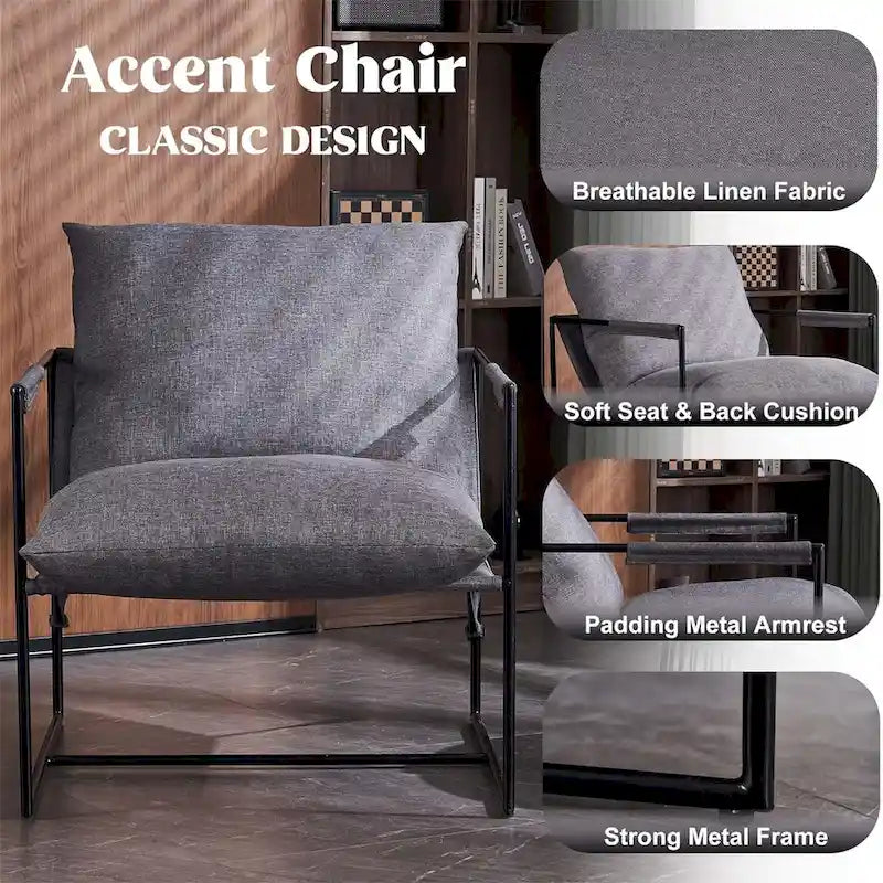Chaise longue moderne en lin avec coussin souple, cadre en métal, pour salon, chambre et bureau