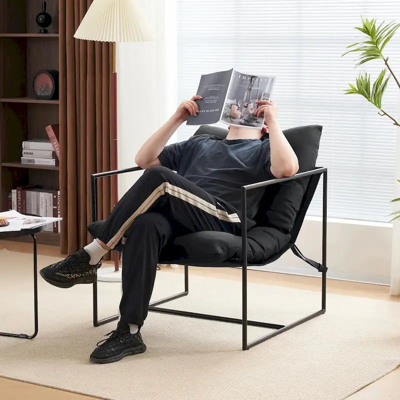 Chaise longue moderne en lin avec coussin souple, cadre en métal, pour salon, chambre et bureau