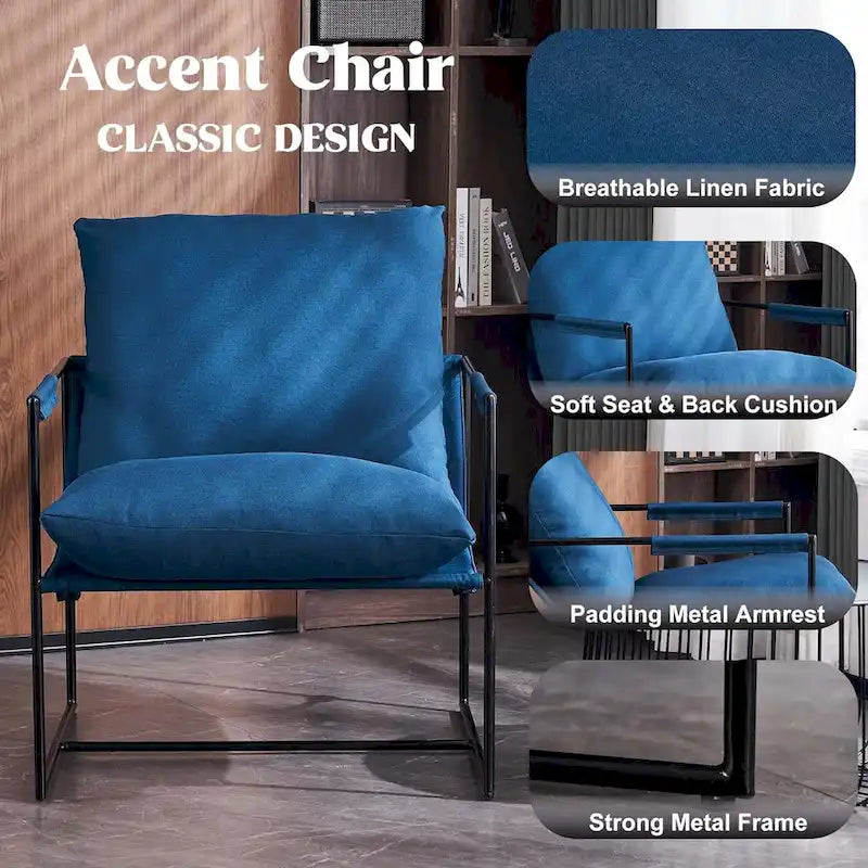Chaise longue moderne en lin avec coussin souple, cadre en métal, pour salon, chambre et bureau