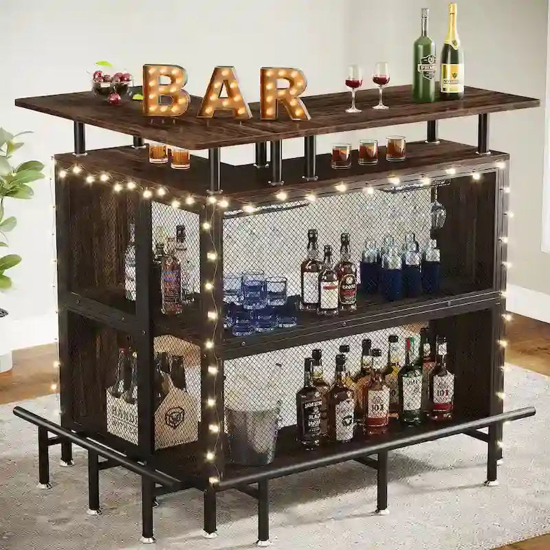 Table de bar d'angle en L avec porte-verres et étagères - N/A