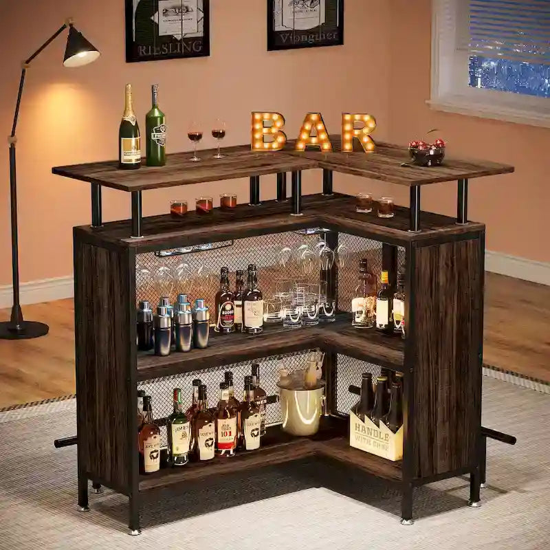 Table de bar d'angle en L avec porte-verres et étagères - N/A