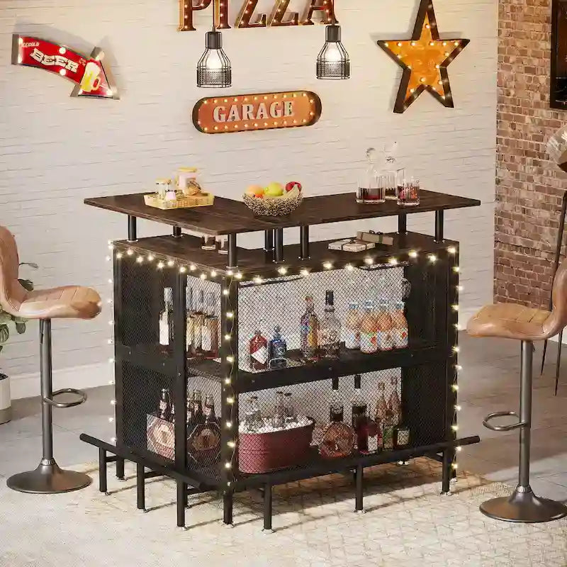 Table de bar d'angle en L avec porte-verres et étagères - N/A