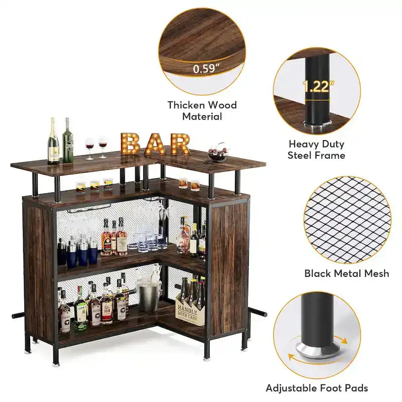 Table de bar d'angle en L avec porte-verres et étagères - N/A