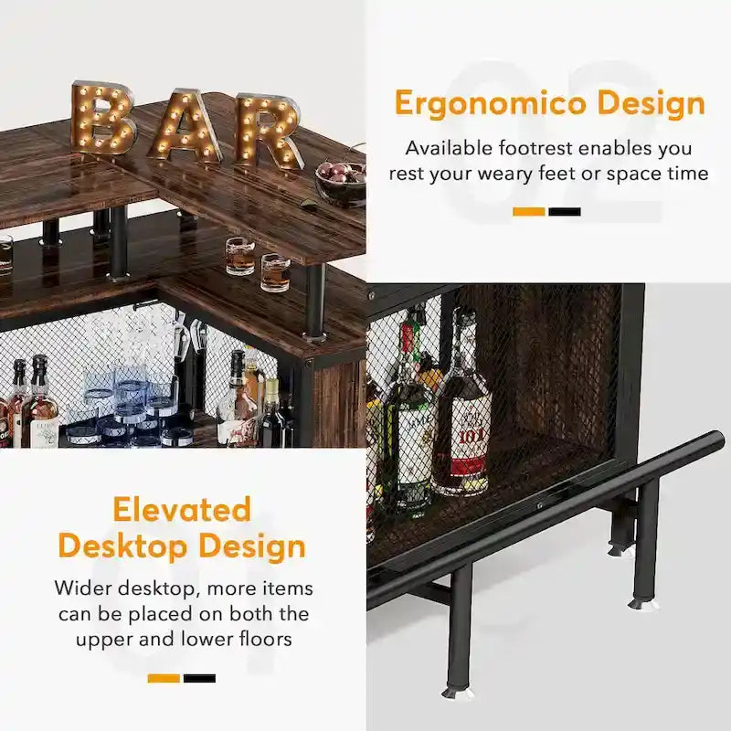 Table de bar d'angle en L avec porte-verres et étagères - N/A
