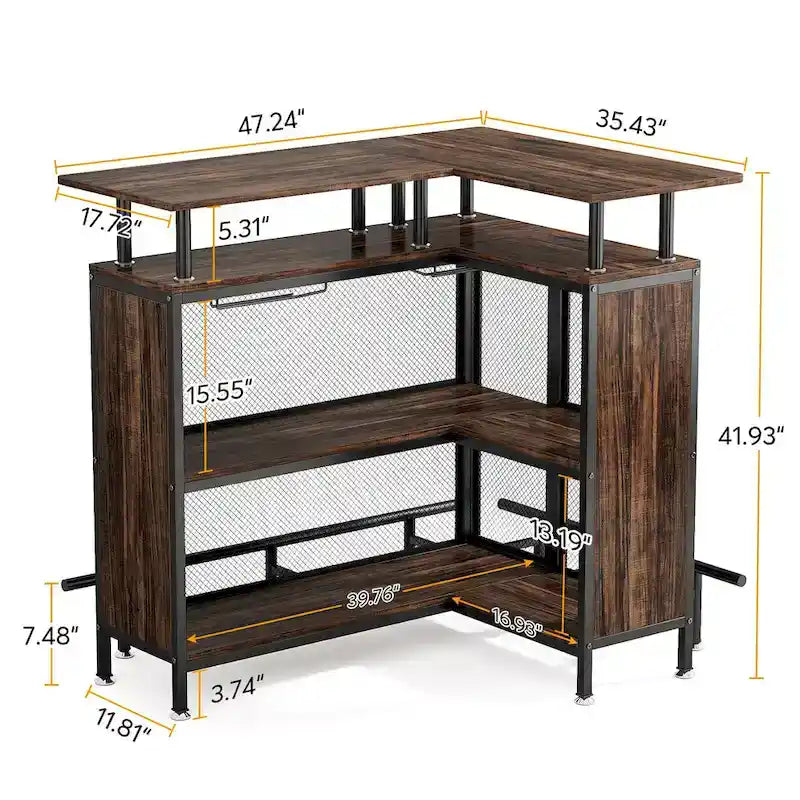 Table de bar d'angle en L avec porte-verres et étagères - N/A