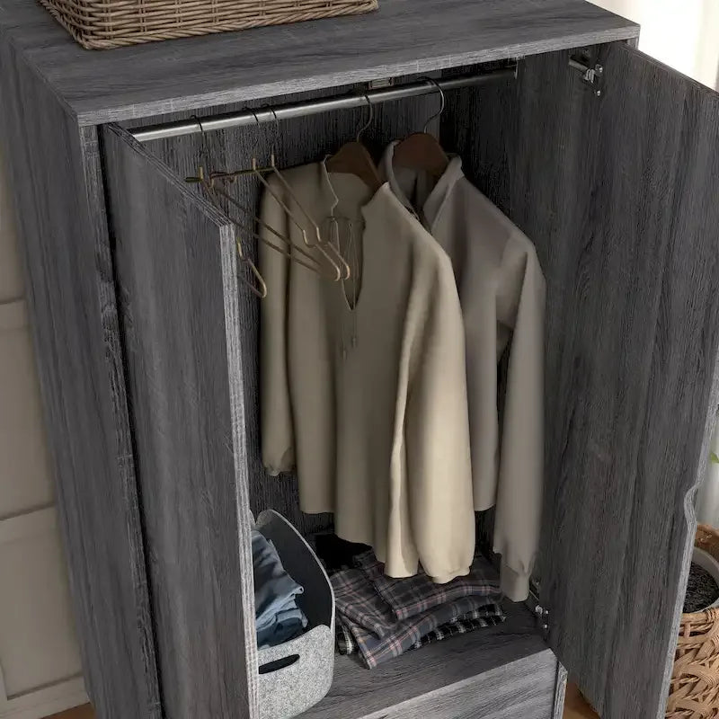 Armoire-penderie minimaliste gris vieilli avec 1 tiroir, style Mid-Century Modern