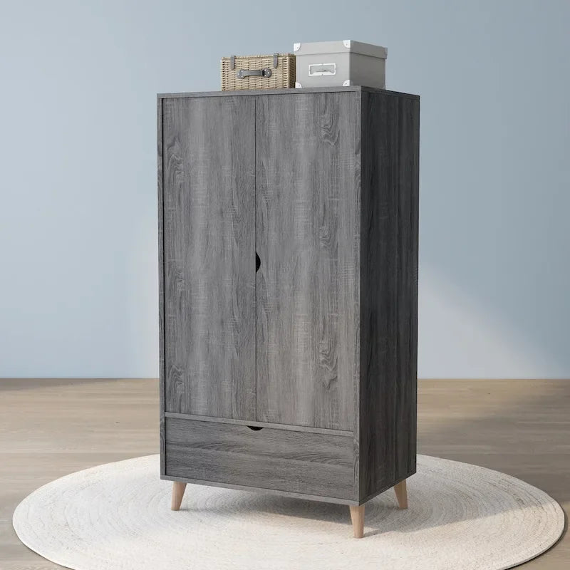 Armoire-penderie minimaliste gris vieilli avec 1 tiroir, style Mid-Century Modern
