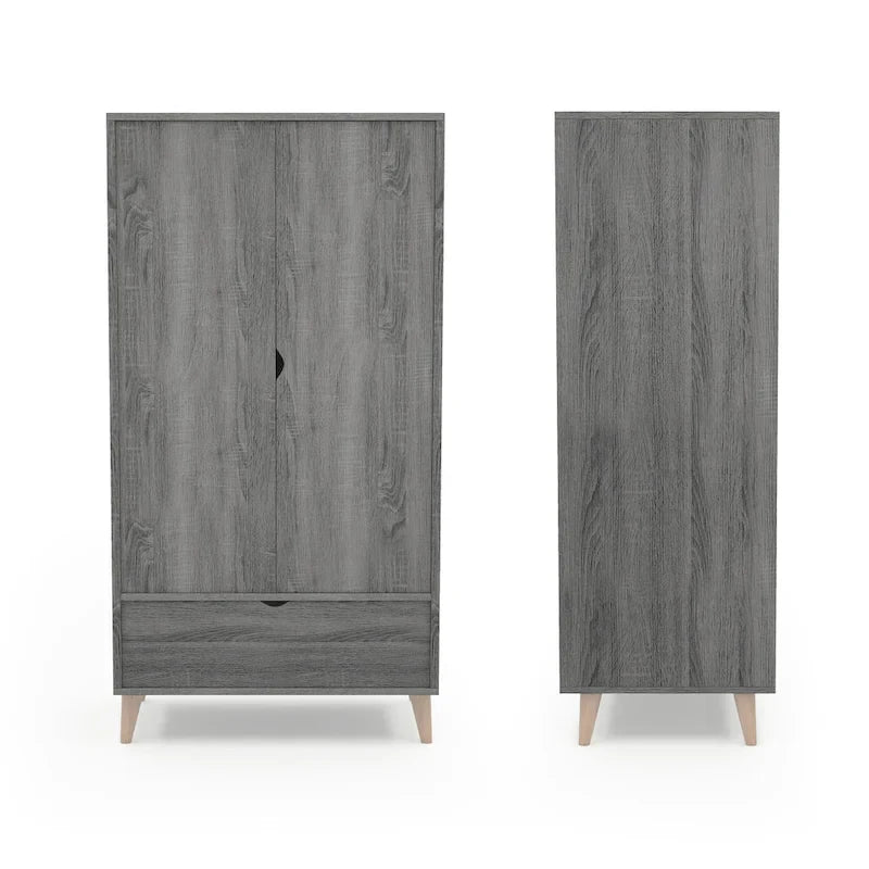 Armoire-penderie minimaliste gris vieilli avec 1 tiroir, style Mid-Century Modern