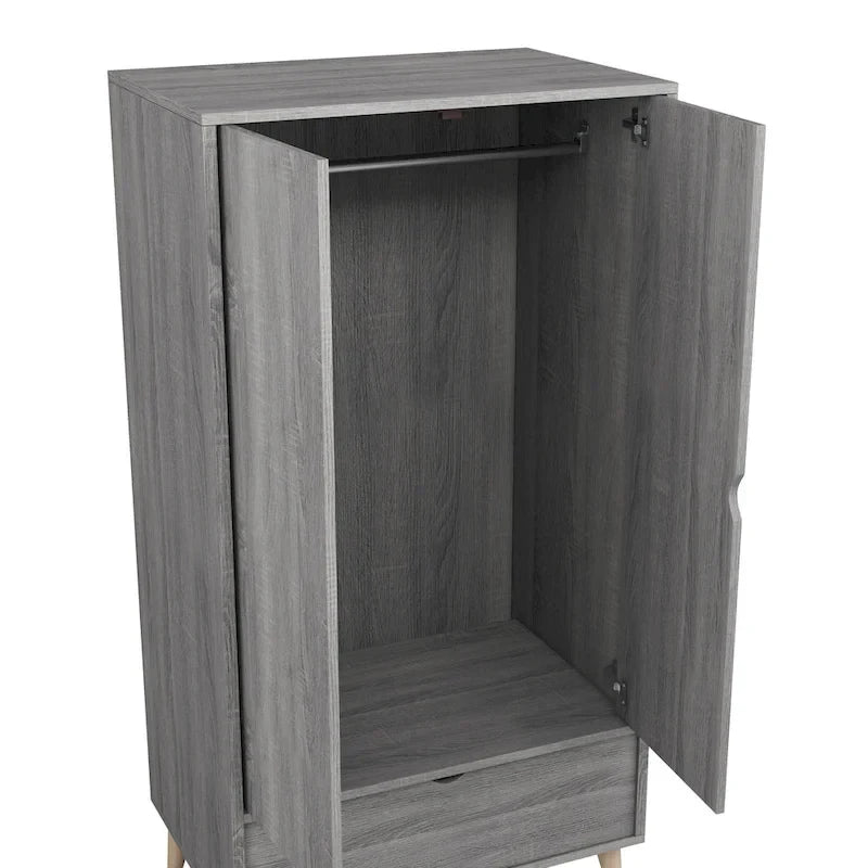 Armoire-penderie minimaliste gris vieilli avec 1 tiroir, style Mid-Century Modern