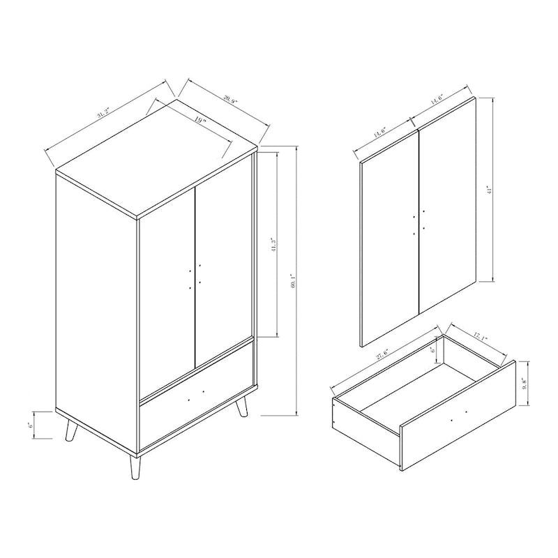 Armoire-penderie minimaliste gris vieilli avec 1 tiroir, style Mid-Century Modern