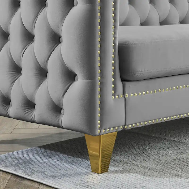 Contactez-nous pour la modélisation 3D du canapé en velours pour salon, canapé à accoudoirs carrés capitonnés à boutons, canapé moderne rembourré à boutons et moi