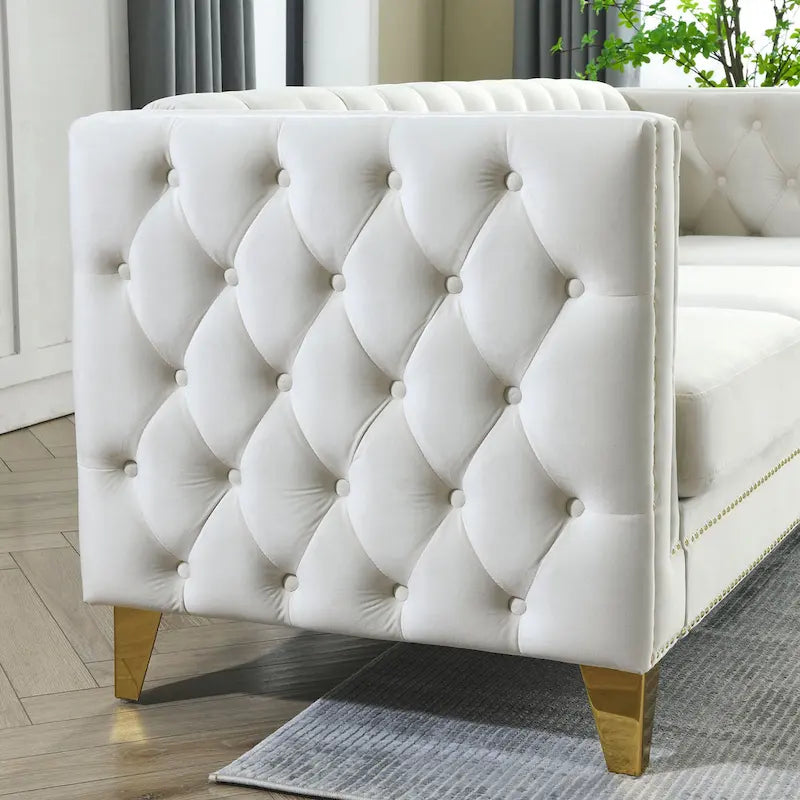 Contactez-nous pour la modélisation 3D du canapé en velours pour salon, canapé à accoudoirs carrés capitonnés à boutons, canapé moderne rembourré à boutons et moi