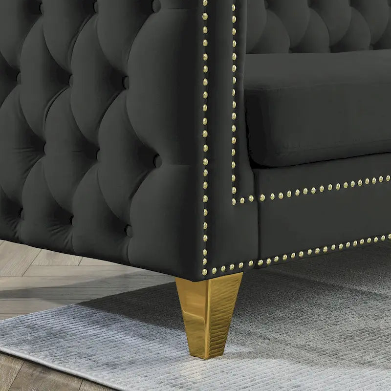 Contactez-nous pour la modélisation 3D du canapé en velours pour salon, canapé à accoudoirs carrés capitonnés à boutons, canapé moderne rembourré à boutons et moi