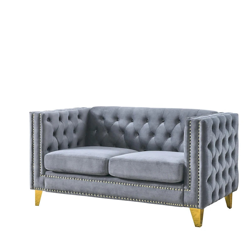 Contactez-nous pour la modélisation 3D du canapé en velours pour salon, canapé à accoudoirs carrés capitonnés à boutons, canapé moderne rembourré à boutons et moi