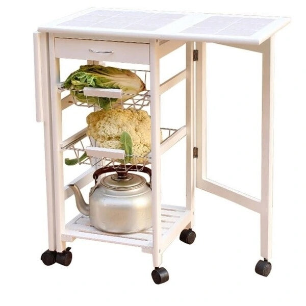 Chariot de cuisine îlot pliant en bois avec 2 paniers et 1 tiroir