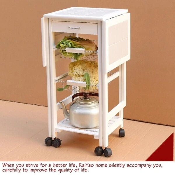Chariot de cuisine îlot pliant en bois avec 2 paniers et 1 tiroir
