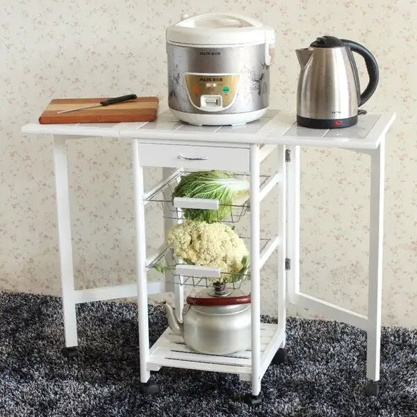 Chariot de cuisine îlot pliant en bois avec 2 paniers et 1 tiroir
