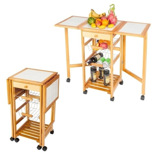 Chariot de cuisine îlot pliant en bois avec 2 paniers et 1 tiroir