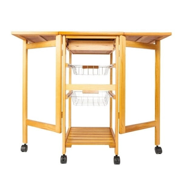 Chariot de cuisine îlot pliant en bois avec 2 paniers et 1 tiroir
