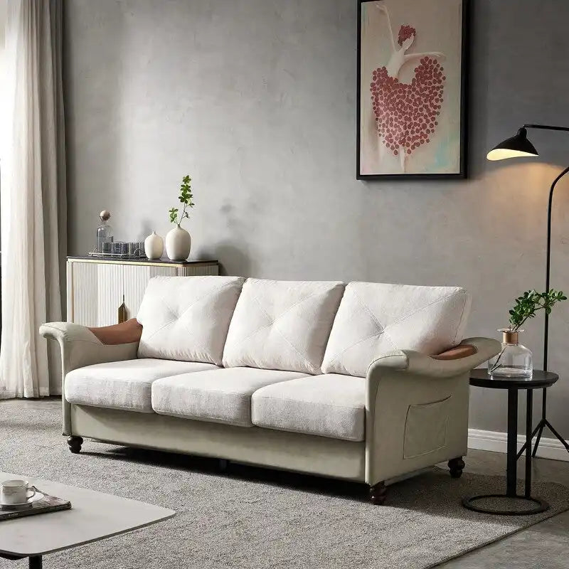 Canapé en similicuir et tissu de lin avec deux coffres de rangement amovibles