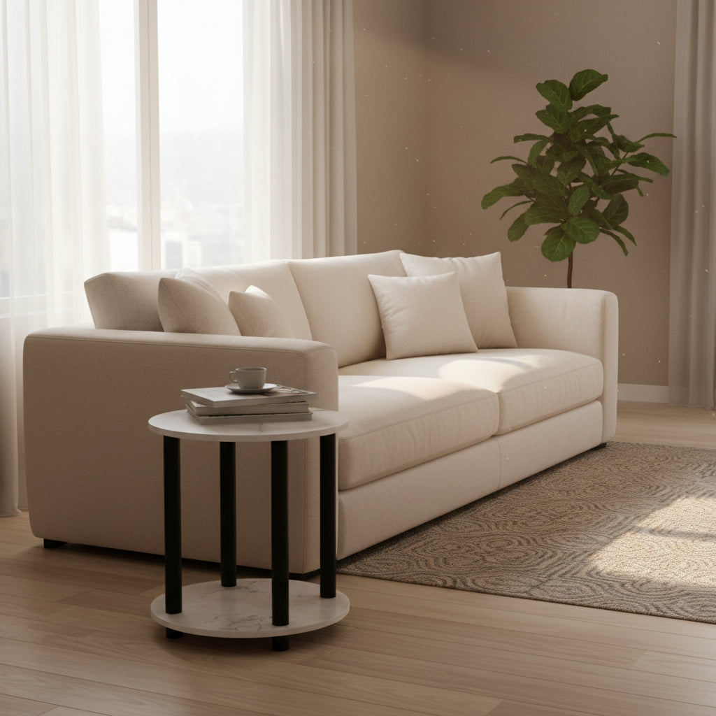 Furinno Turn-N-Tube 2-Tier Round Wooden End Table, Marble White