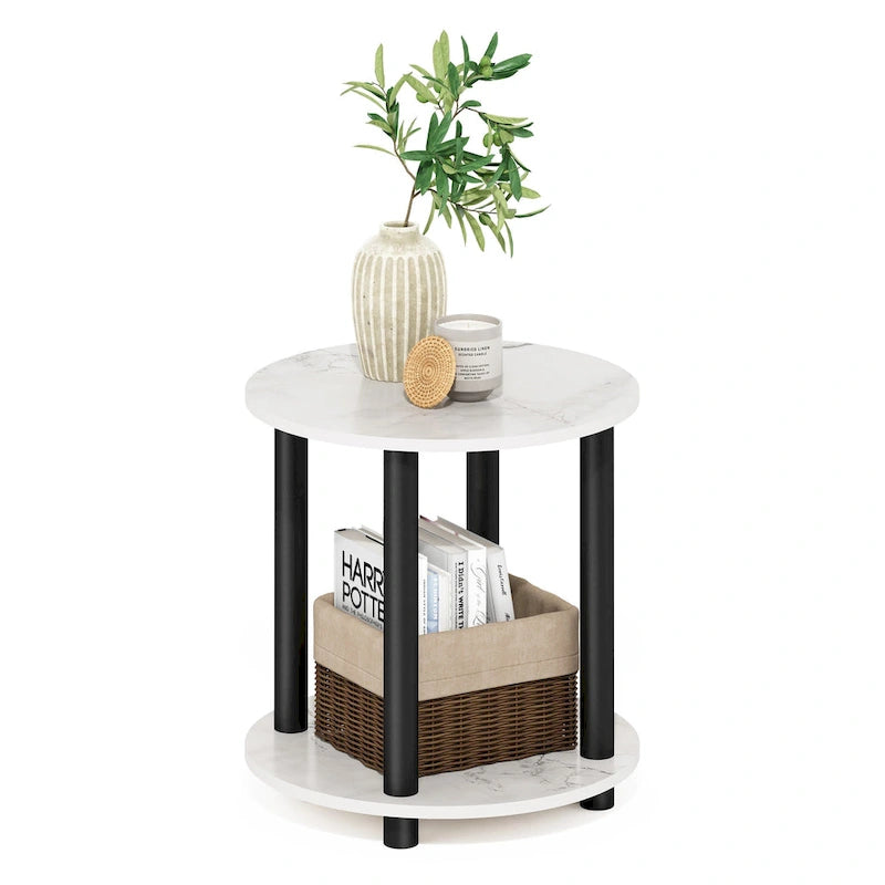 Table d'appoint ronde en bois à 2 niveaux, blanc marbre
