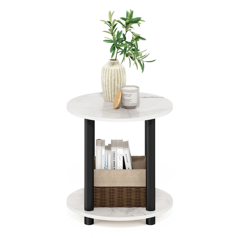 Table d'appoint ronde en bois à 2 niveaux, blanc marbre