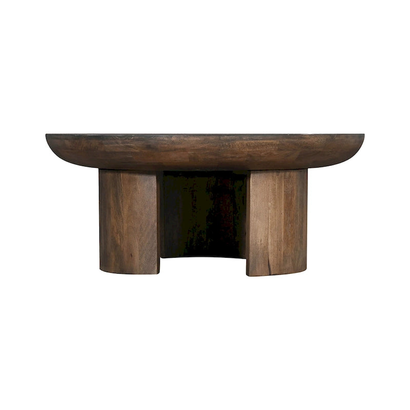 Table Basse 35 Pouces, Plateau Rond en Bois de Mangue Fait à la Main, Pieds Trépied Courbés Modernes, Noyer Marron