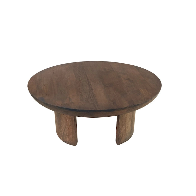 Table Basse 35 Pouces, Plateau Rond en Bois de Mangue Fait à la Main, Pieds Trépied Courbés Modernes, Noyer Marron