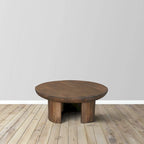Table Basse 35 Pouces, Plateau Rond en Bois de Mangue Fait à la Main, Pieds Trépied Courbés Modernes, Noyer Marron