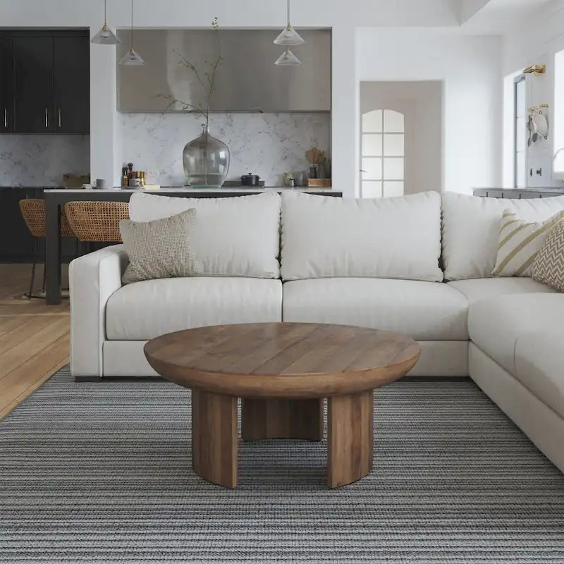 Table Basse 35 Pouces, Plateau Rond en Bois de Mangue Fait à la Main, Pieds Trépied Courbés Modernes, Noyer Marron