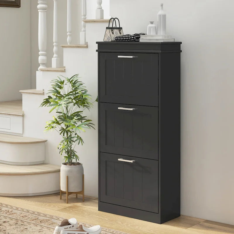 HOMCOM Shoe Cabinet for Entryway, Narrow Shoe Rack Storage Organizer with 3 Flip Drawers and Adjustable Shelves