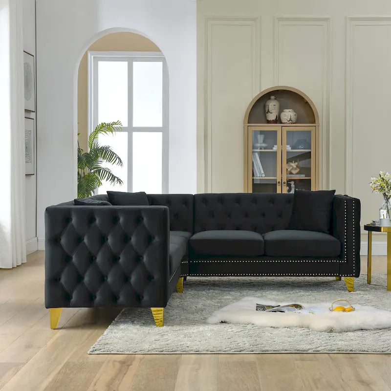Canapé d'angle en velours de 208 cm, canapé d'angle en forme de L, canapé d'angle 5 places avec 3 coussins pour salon, chambre, appartement.