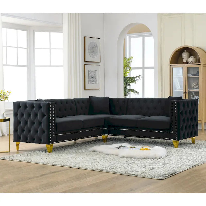 Canapé d'angle en velours de 208 cm, canapé d'angle en forme de L, canapé d'angle 5 places avec 3 coussins pour salon, chambre, appartement.