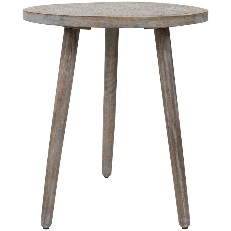 21 Table d'appoint ronde à trois pieds en bois gravé gris antique
